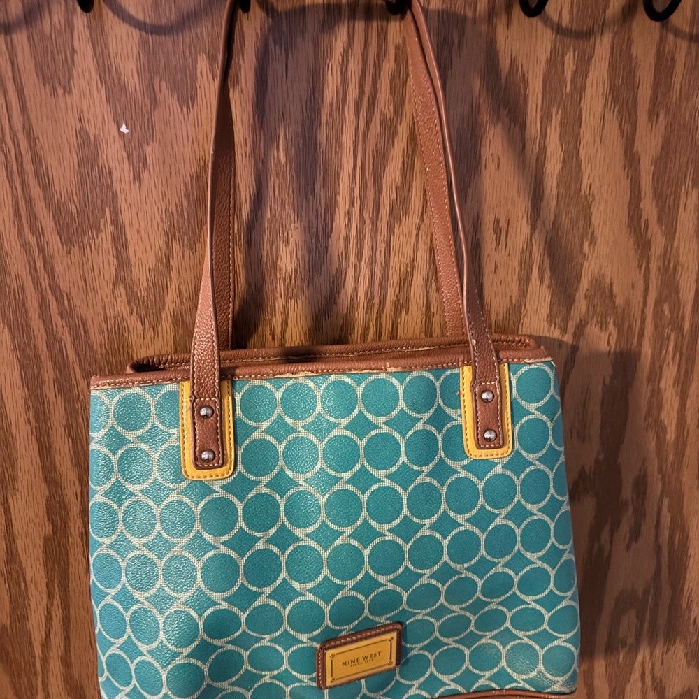 Nine West Teal 9-Print Tote with Brown Trim and Yellow Accents